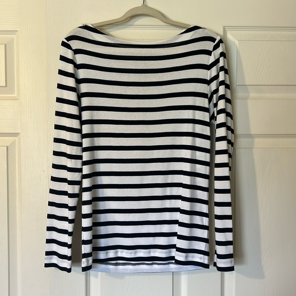 Navy Blue & White Striped Boat Neck Gap Long Sleeve
